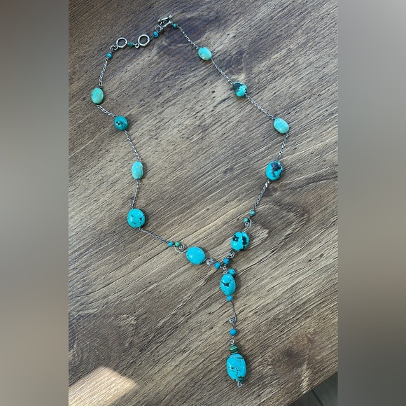 Boho Vintage silver turquoise statement 
Y necklace and earrings. - Picture 4 of 10